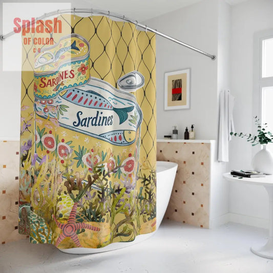 Tinned Fish Whimsical Sardine Shower Curtain - Colorful Nautical Decor for Beach Lovers Coastal Bathroom Vintage Style