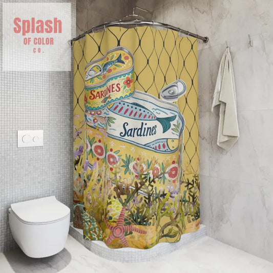 Tinned Fish Whimsical Sardine Shower Curtain - Colorful Nautical Decor for Beach Lovers Coastal Bathroom Vintage Style