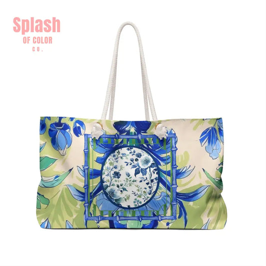 Toile de Jouy Blue Green Watercolor Mahjong Tote Bag 24’’ × 13’’ Bags