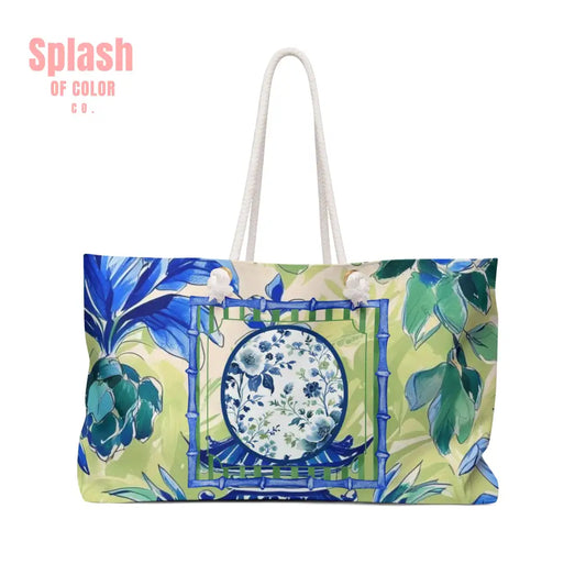 Toile de Jouy Blue Green Watercolor Mahjong Tote Bag 24’’ × 13’’ Bags