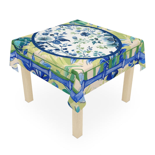 Toile de Jouy Tablecloth Elegant Floral Mahjong Dining Preppy Green Blue Bamboo Border Linens Home Decor Kitchen