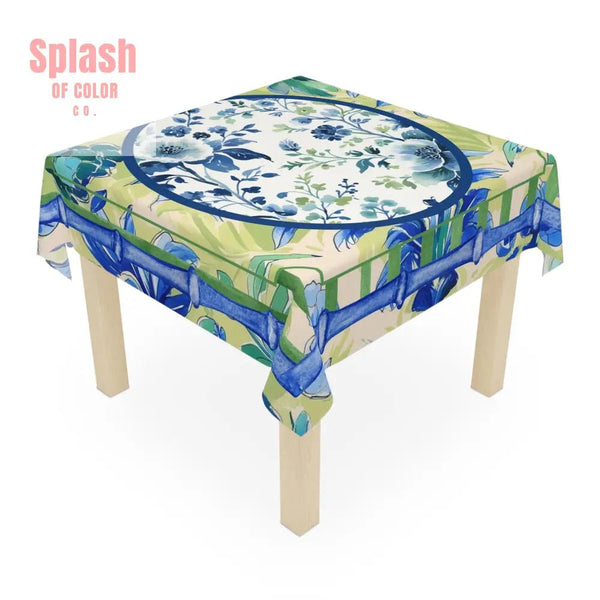 Toile de Jouy Tablecloth Elegant Floral Mahjong Dining Preppy Green Blue Bamboo Border Linens Home Decor Kitchen