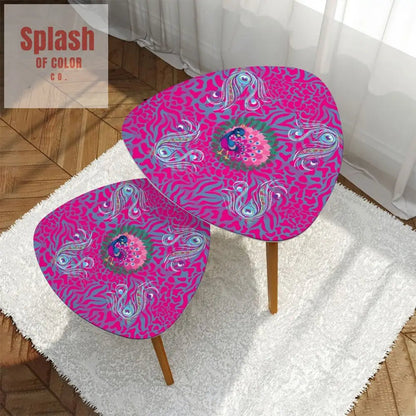 Whimsical Floral Peacock, Tortoise Pink Blue Magical Modern Nesting Tables - Splash of Color co.