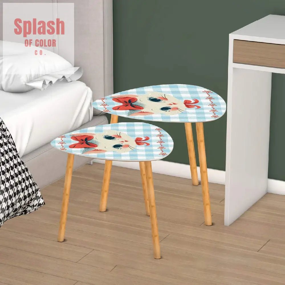 Vintage Kitten, Country Cottage Blue White Gingham Triangle Coffee Table Set of 2 - Splash of Color co.