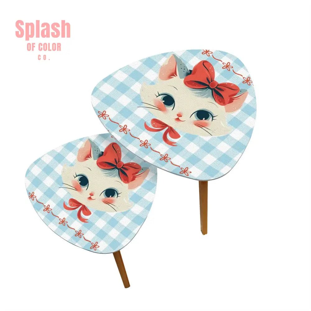 Vintage Kitten, Country Cottage Blue White Gingham Triangle Coffee Table Set of 2 - Splash of Color co.