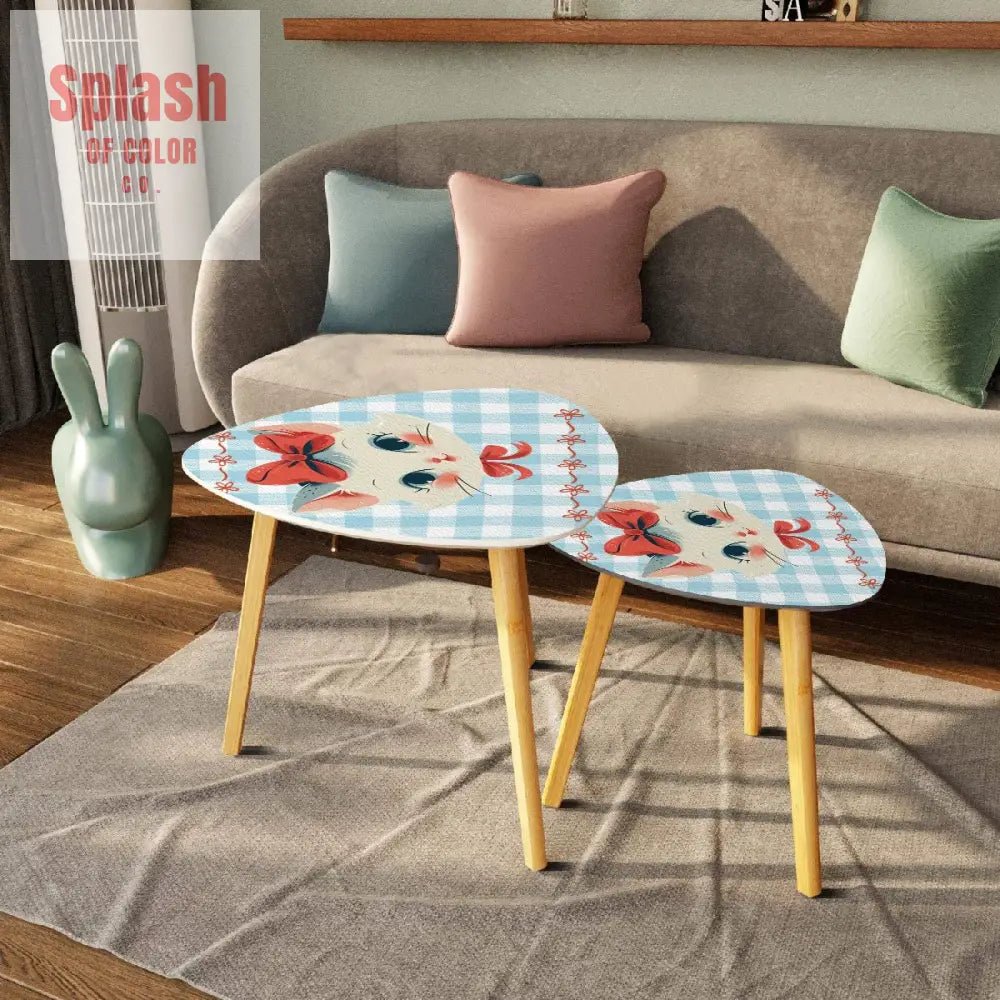 Vintage Kitten, Country Cottage Blue White Gingham Triangle Coffee Table Set of 2 - Splash of Color co.