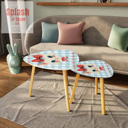 Vintage Kitten, Country Cottage Blue White Gingham Triangle Coffee Table Set of 2 - Splash of Color co.