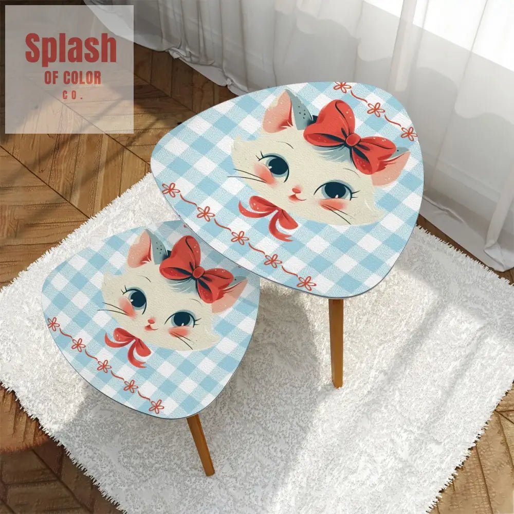Vintage Kitten, Country Cottage Blue White Gingham Triangle Coffee Table Set of 2 - Splash of Color co.
