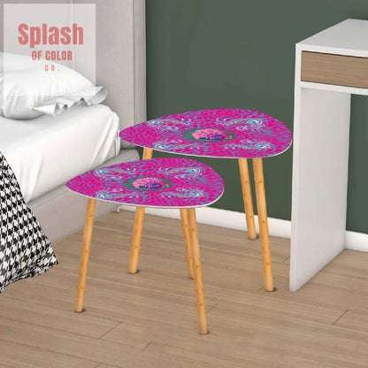 Whimsical Floral Peacock, Tortoise Pink Blue Magical Modern Nesting Tables - Splash of Color co.