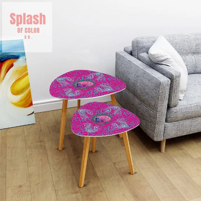Whimsical Floral Peacock, Tortoise Pink Blue Magical Modern Nesting Tables - Splash of Color co.