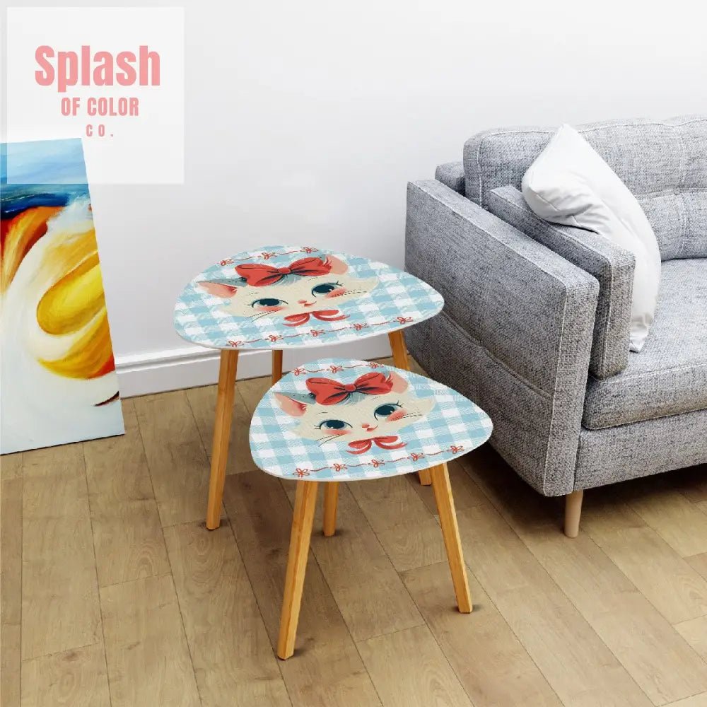 Vintage Kitten, Country Cottage Blue White Gingham Triangle Coffee Table Set of 2 - Splash of Color co.