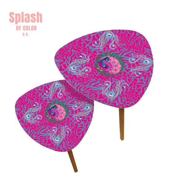 Whimsical Floral Peacock, Tortoise Pink Blue Magical Modern Nesting Tables - Splash of Color co.