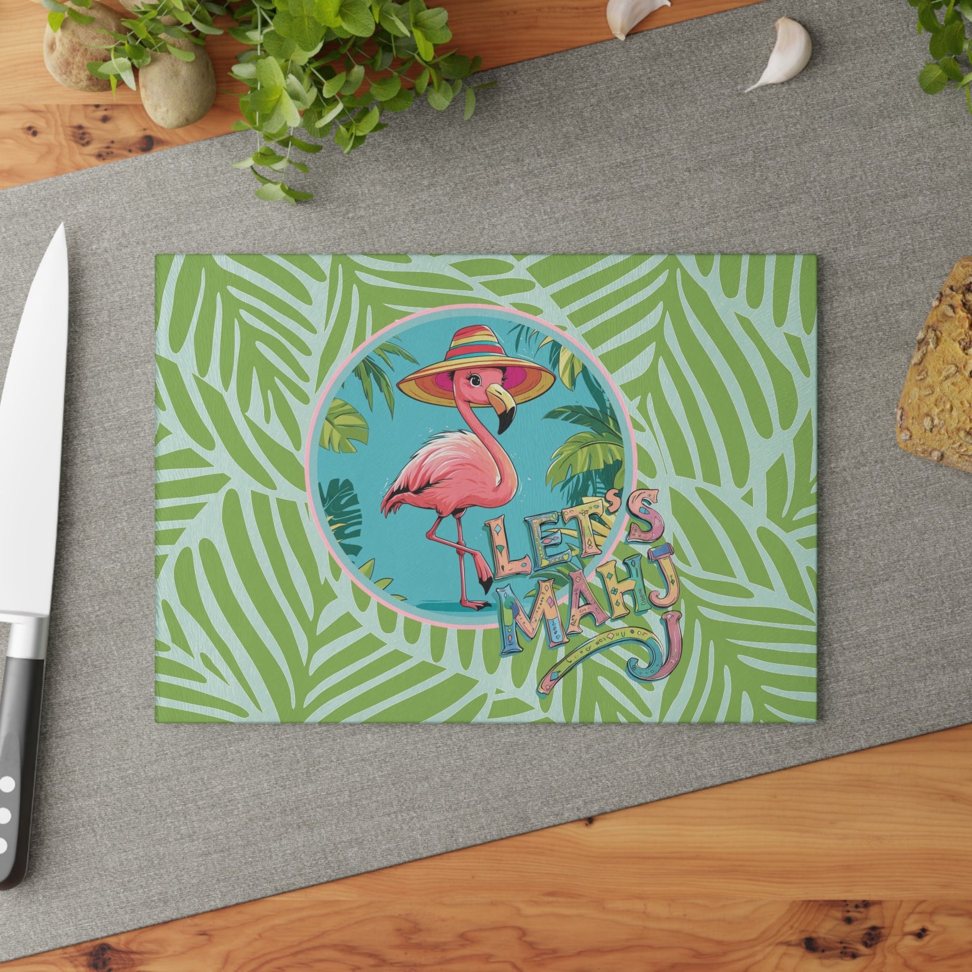 Tropical Flamingo Glass Cutting Board Mahjong Lover Gift Game Night Party Table Decor Let’s Mahj Charcuterie Mahj