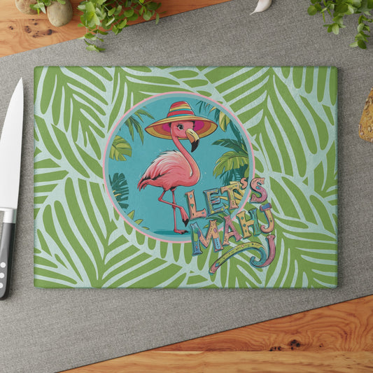 Tropical Flamingo Glass Cutting Board Mahjong Lover Gift Game Night Party Table Decor Let’s Mahj Charcuterie Mahj