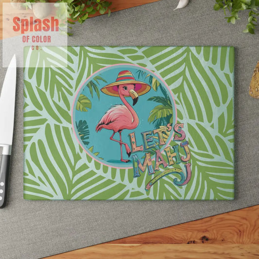 Tropical Flamingo Glass Cutting Board Mahjong Lover Gift Game Night Party Table Decor Let’s Mahj Charcuterie Mahj