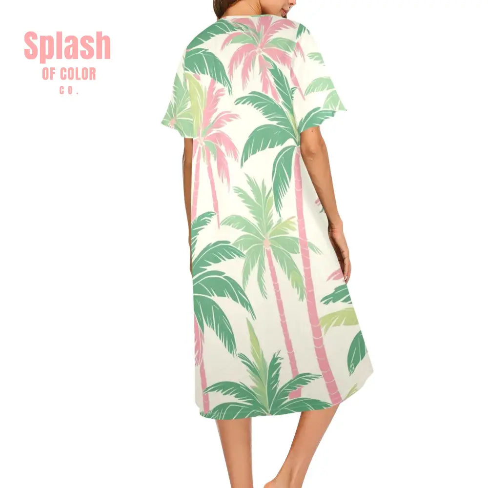 Tropical Palm Tree Paradise Pastel Preppy Pink Green Muumuu Dress Pajamas