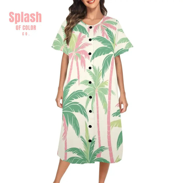 Tropical Palm Tree Paradise Pastel Preppy Pink Green Muumuu Dress XS Pajamas
