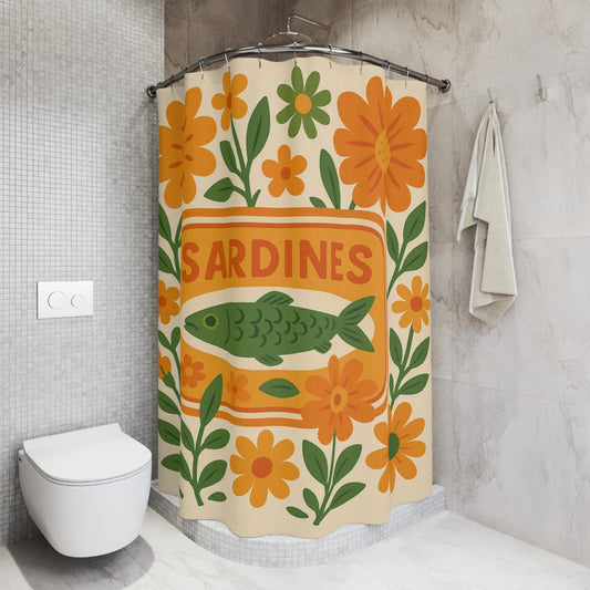 Vintage Floral Sardines Shower Curtain Orange Green Bathroom Decor Nautical Theme