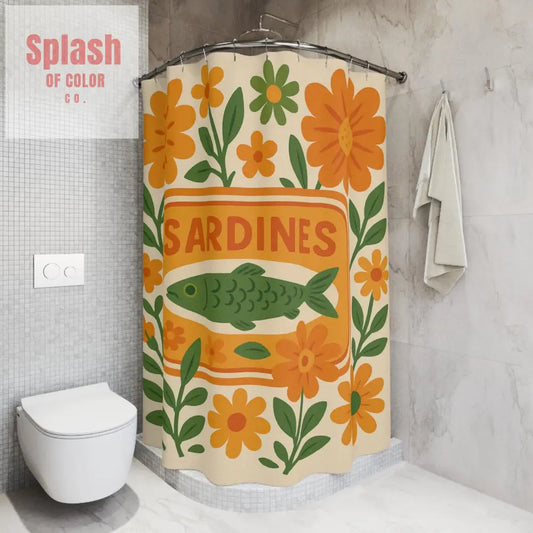 Vintage Floral Sardines Shower Curtain Orange Green Bathroom Decor Nautical Theme