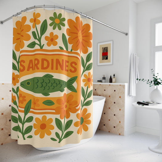 Vintage Floral Sardines Shower Curtain Orange Green Bathroom Decor Nautical Theme