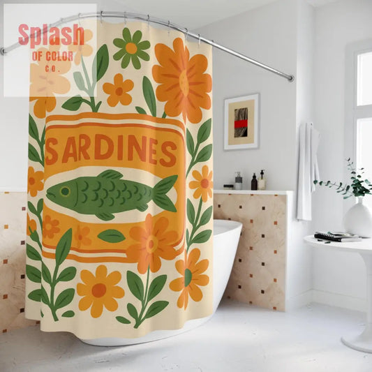 Vintage Floral Sardines Shower Curtain Orange Green Bathroom Decor Nautical Theme