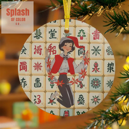 Vintage Inspired Mahjong Tiles Glass Ornament Festive Holiday Mahj Christmas 1 pc / Round / One Size Home Decor