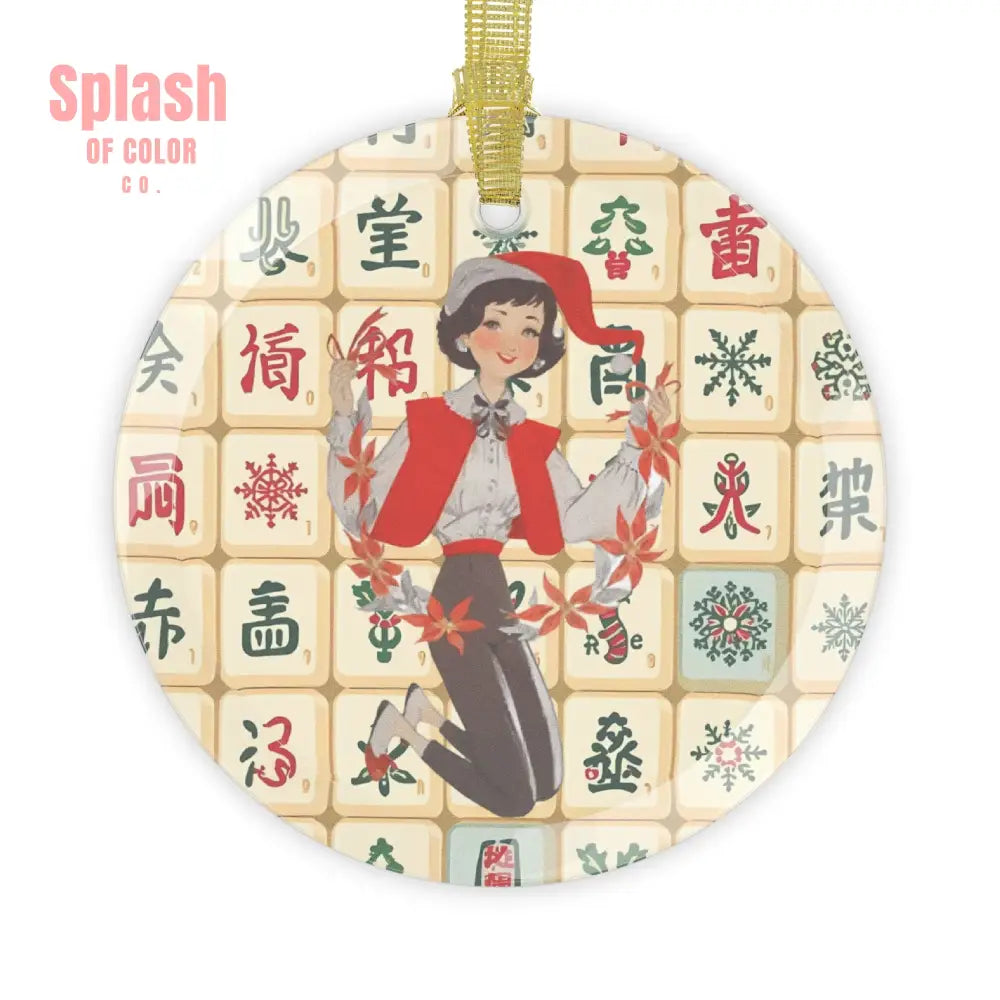 Vintage Inspired Mahjong Tiles Glass Ornament Festive Holiday Mahj Christmas 1 pc / Round / One Size Home Decor