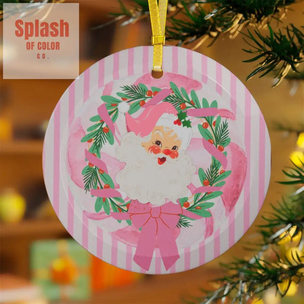 Vintage Santa, Pink White Candy Striped Christmas Glass Ornament - Splash of Color co.