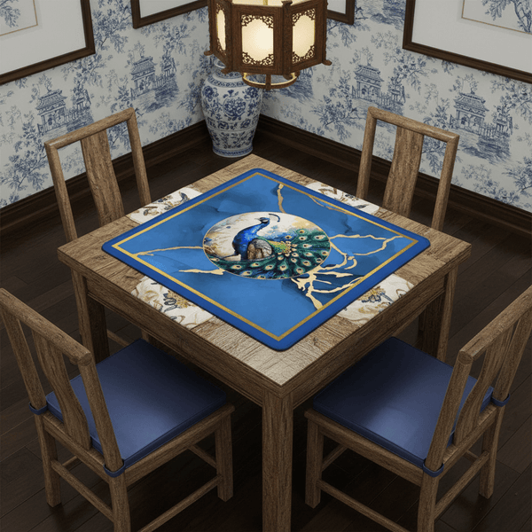 Asian Mahjong Mat Elegant Floral Watercolor Peacock, Blue Gold Marble Mahj Mat - Splash of Color Co.