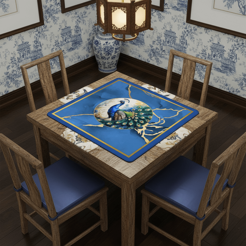 Asian Mahjong Mat Elegant Floral Watercolor Peacock, Blue Gold Marble Mahj Mat - Splash of Color Co.
