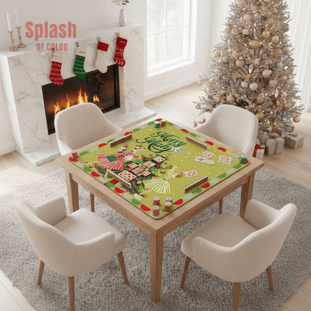 Merry Mahj Christmas Mahjong Mat Whimsical Tile Tree Nostalgic Vintage Ladies Holiday Mat - Splash of Color Co.