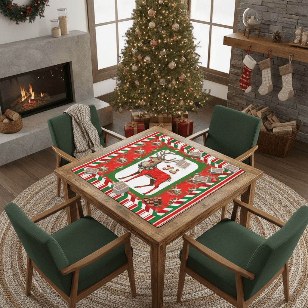 Mahjong Christmas Mat, Majestic Reindeer, Green Red Candy Cane Striped Seasonal Mat - Splash of Color Co.