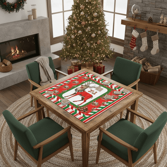 Mahjong Christmas Mat, Majestic Reindeer, Green Red Candy Cane Striped Seasonal Mat - Splash of Color Co.