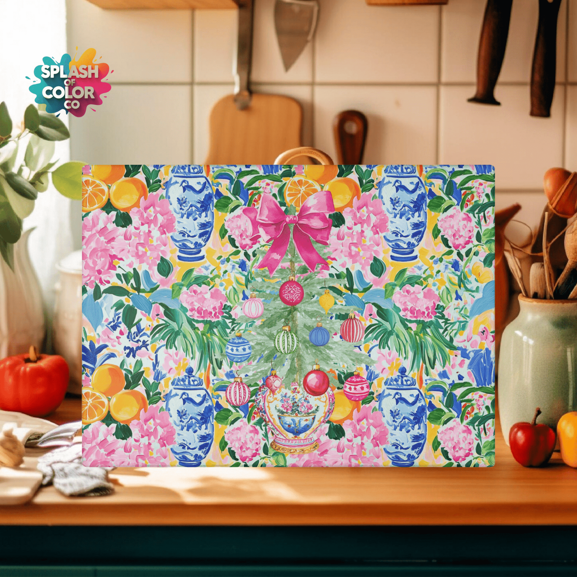 Christmas Chinoiserie Floral Festive Floral Glass Cutting Board - Holiday Kitchen Decor - Splash of Color Co.