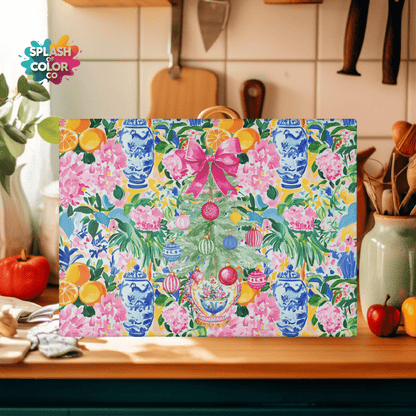 Christmas Chinoiserie Floral Festive Floral Glass Cutting Board - Holiday Kitchen Decor - Splash of Color Co.