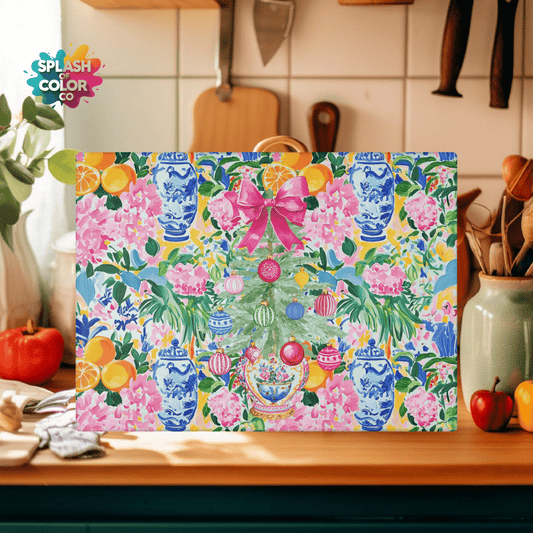 Christmas Chinoiserie Floral Festive Floral Glass Cutting Board - Holiday Kitchen Decor - Splash of Color Co.