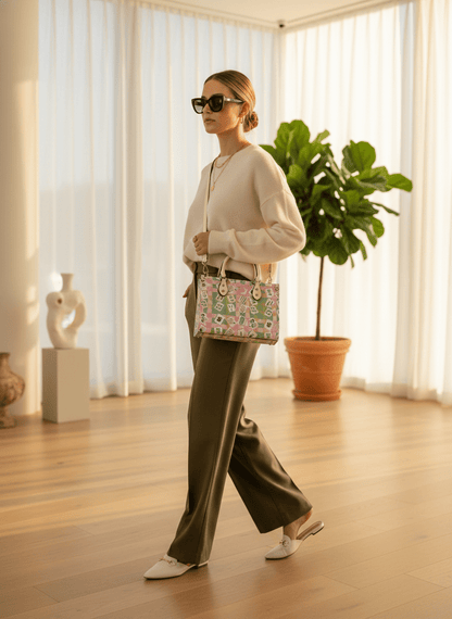 Mahjong Tile Watercolor Pink Green Preppy Satchel Modern Handbag/Shoulderbag - Splash of Color Co.