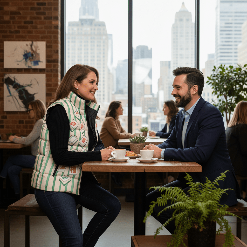 Preppy Green, Beige Striped Quirky Fun Mahjong Puffer Vest - Splash of Color Co.