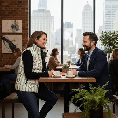 Preppy Green, Beige Striped Quirky Fun Mahjong Puffer Vest - Splash of Color Co.