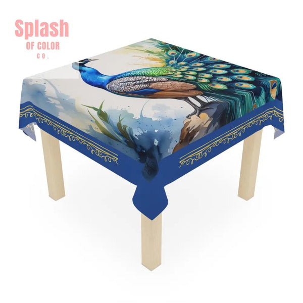 Watercolor Colorful Peacock Tablecloth | Elegant Dining Decor Blue Gold Accents - Splash of Color co.