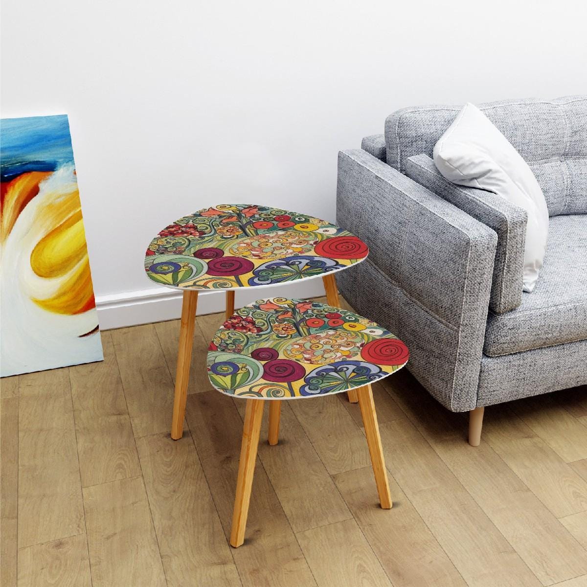Watercolor Garden Red Green Yellow Bountiful Colors Klimt Inspired Modern Floral Nesting Tables - One Size