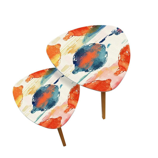 Watercolor Ikat Nesting Tables – Boho Accent Coffee Table Set Bamboo Side Tables for Living Room & Bedroom Decor