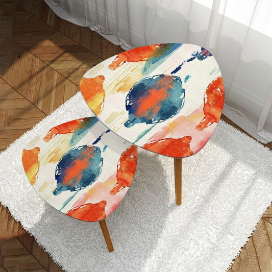 Watercolor Ikat Nesting Tables – Boho Accent Coffee Table Set Bamboo Side Tables for Living Room & Bedroom Decor