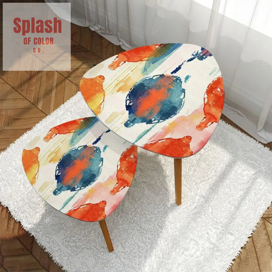 Watercolor Ikat Nesting Tables – Boho Accent Coffee Table Set Bamboo Side Tables for Living Room & Bedroom Decor