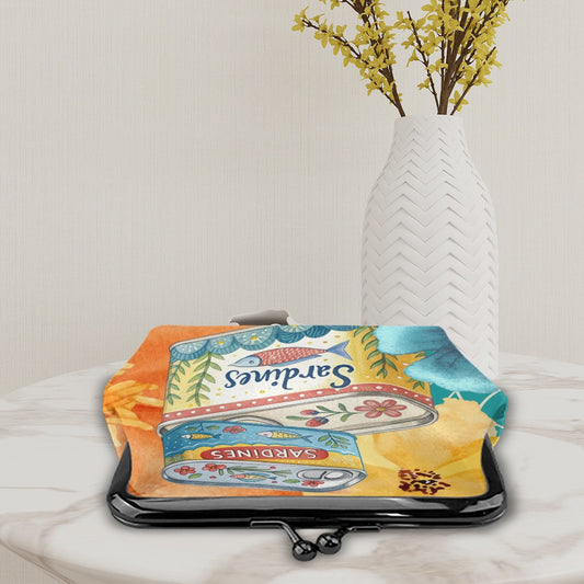 Watercolor Tinned Sardines Women’s Leather Kiss Lock Coin Purse - 4.5’’x4.1’’ - Wallet