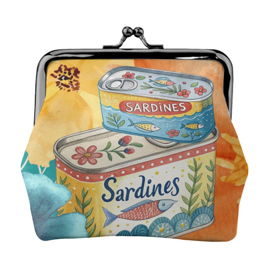 Watercolor Tinned Sardines Women’s Leather Kiss Lock Coin Purse - 4.5’’x4.1’’ - Wallet