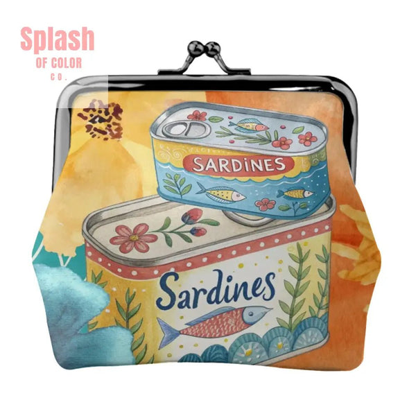 Watercolor Tinned Sardines Women’s Leather Kiss Lock Coin Purse - 4.5’’x4.1’’ - Wallet