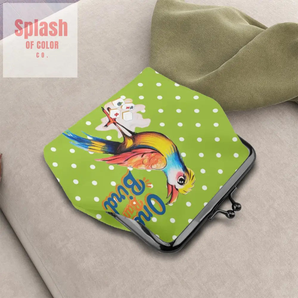 Whimsical Citrus Green Polka Dot One Bam Bird Mahjong Lover Gift Women’s Kiss Lock Coin Purse 4.5’’x4.1’’ Wallet