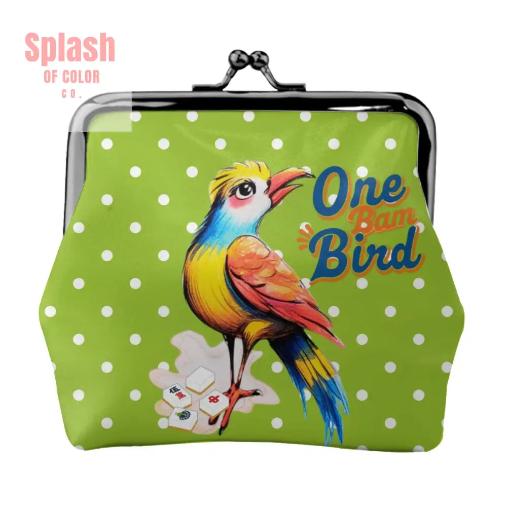 Whimsical Citrus Green Polka Dot One Bam Bird Mahjong Lover Gift Women’s Kiss Lock Coin Purse 4.5’’x4.1’’ Wallet