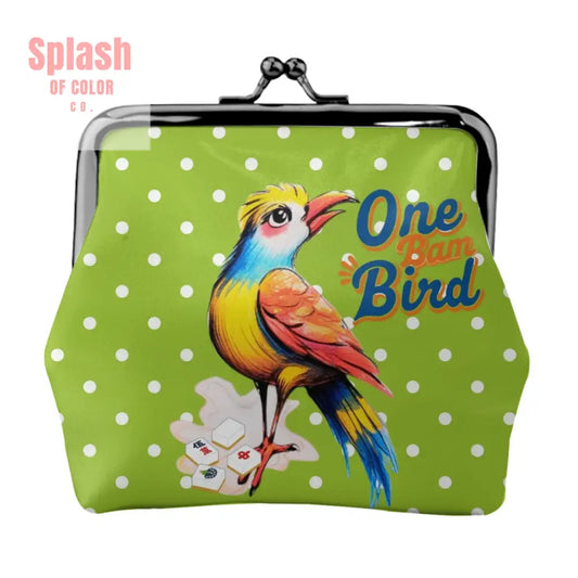 Whimsical Citrus Green Polka Dot One Bam Bird Mahjong Lover Gift Women’s Kiss Lock Coin Purse 4.5’’x4.1’’ Wallet